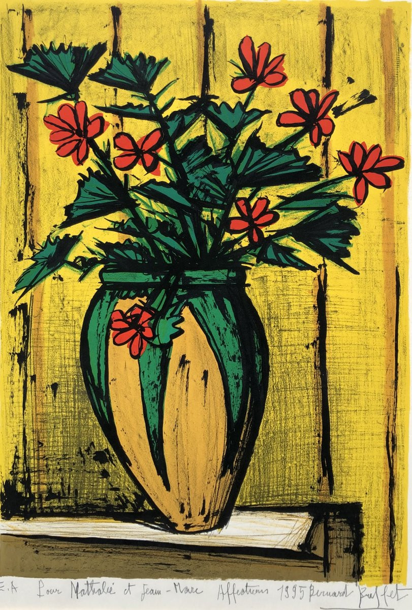 BUFFET Bernard Bouquet Fleurs Dans Potiche Lithographie Couleurs Signéecertificatd’authenticité-photo-4