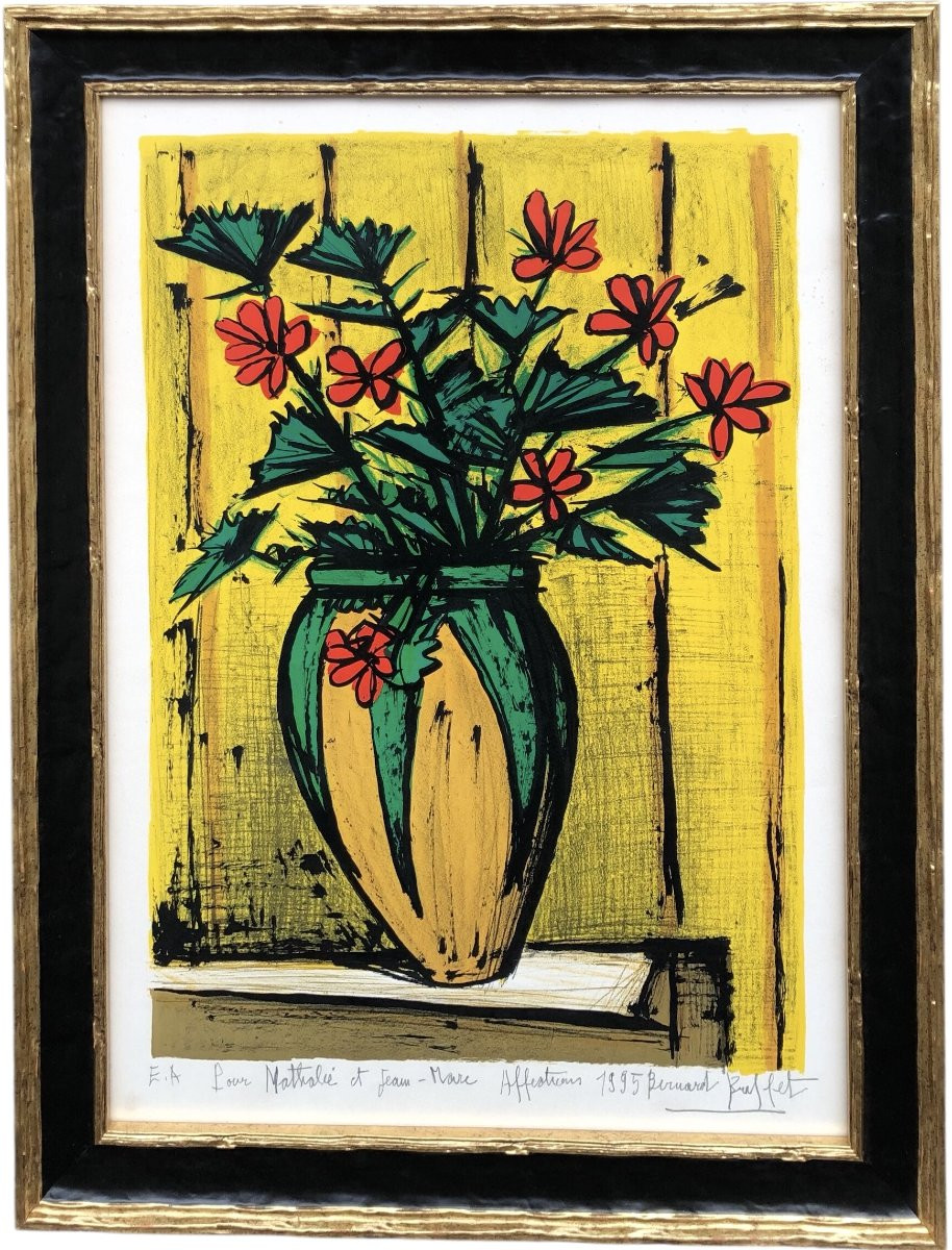 BUFFET Bernard Bouquet Fleurs Dans Potiche Lithographie Couleurs Signéecertificatd’authenticité-photo-1