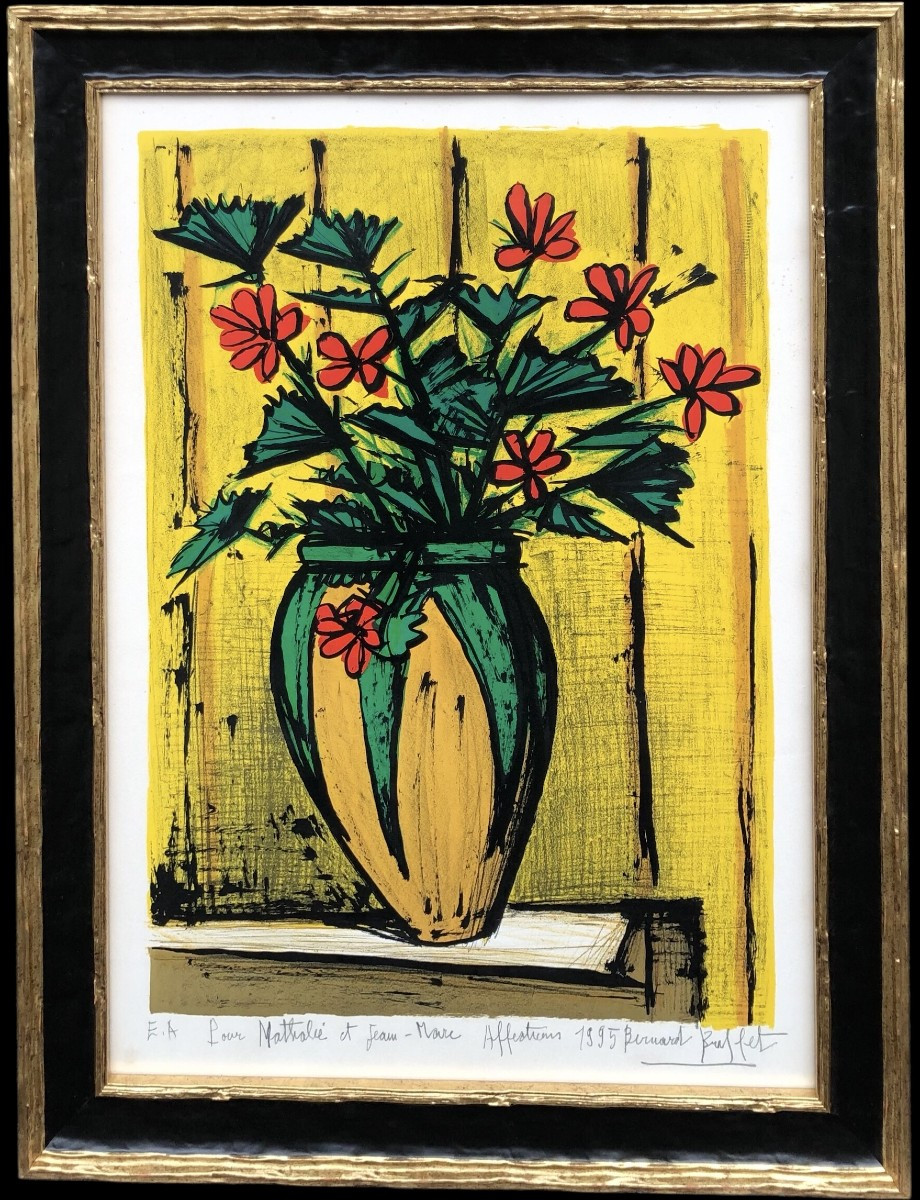 BUFFET Bernard Bouquet Fleurs Dans Potiche Lithographie Couleurs Signéecertificatd’authenticité