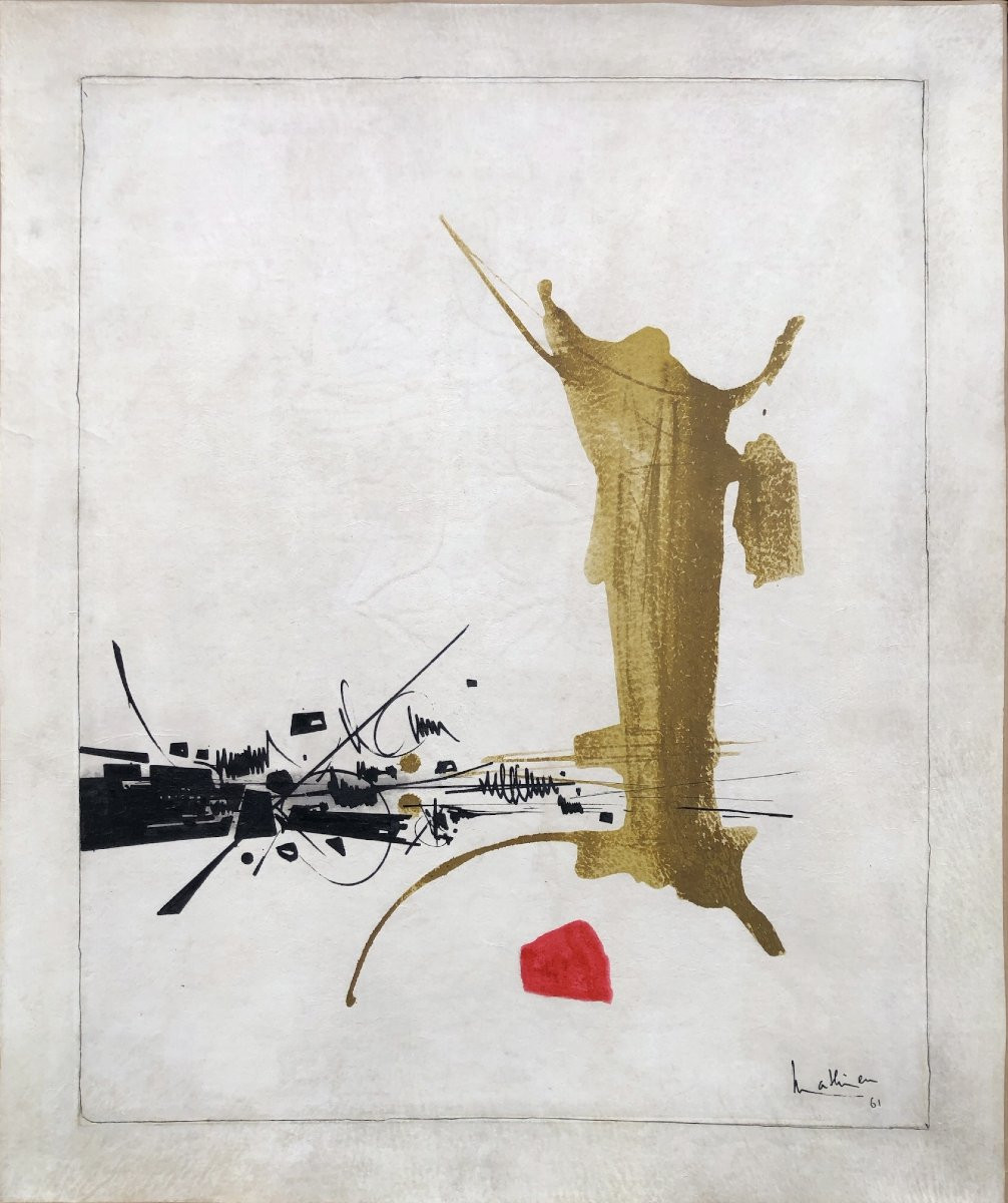 Georges MATHIEU Composition Huile sur parchemin signé et daté 1961 Certificat comité G Mathieu-photo-2