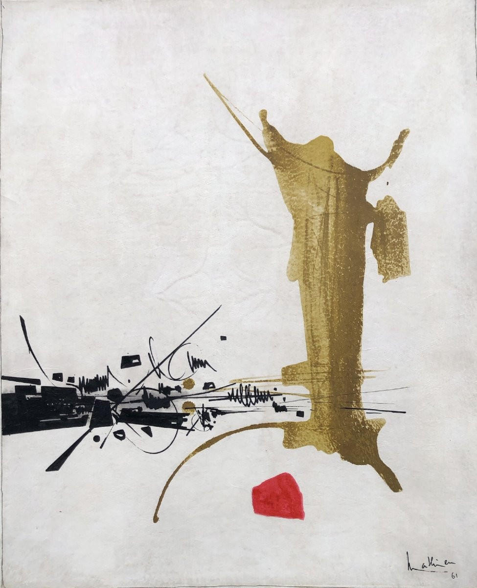 Georges MATHIEU Composition Huile sur parchemin signé et daté 1961 Certificat comité G Mathieu-photo-4