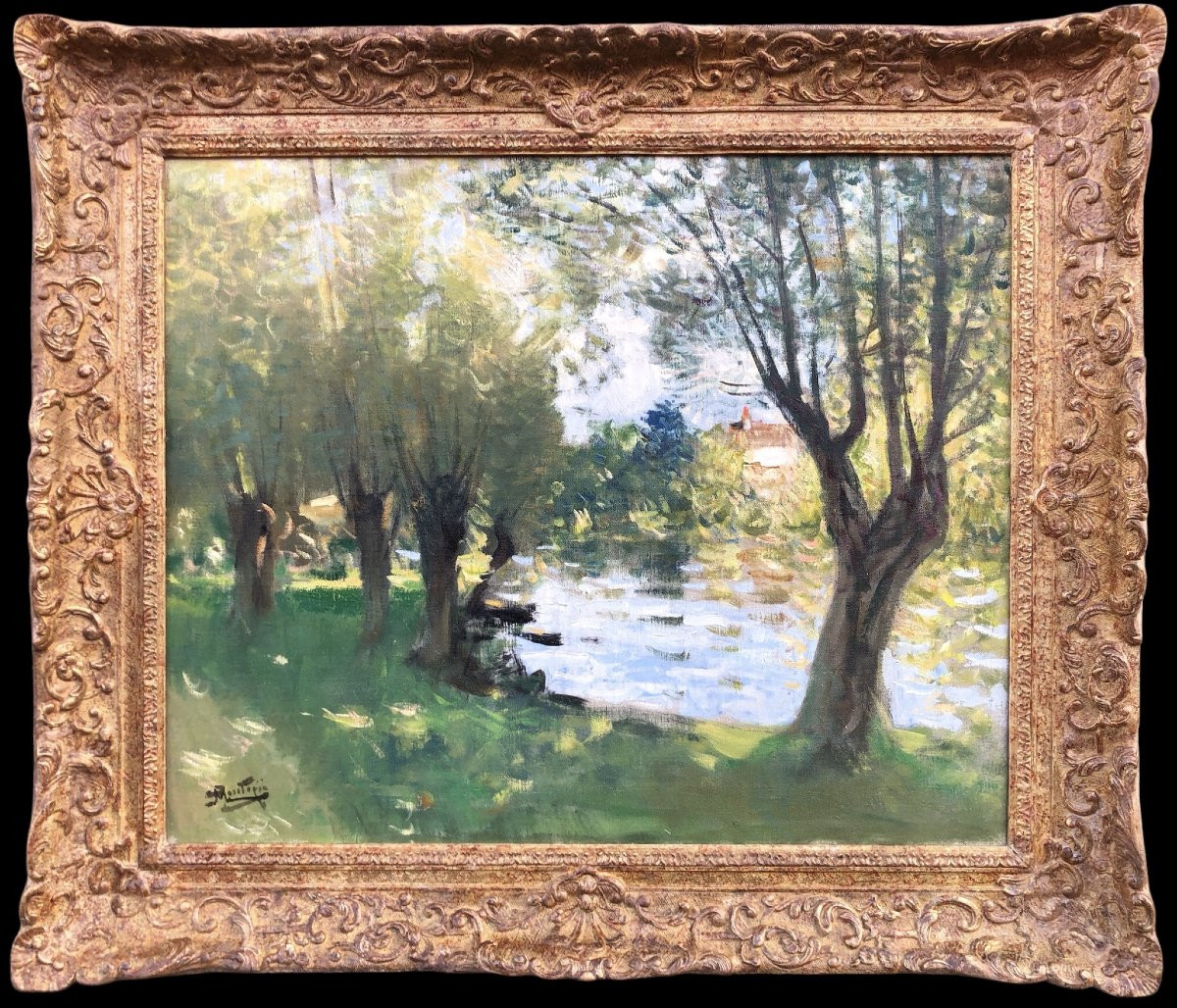  MONTEZIN La Seine à Veneux les Sablons Huile sur toile signée Certificat d'authenticité-photo-2