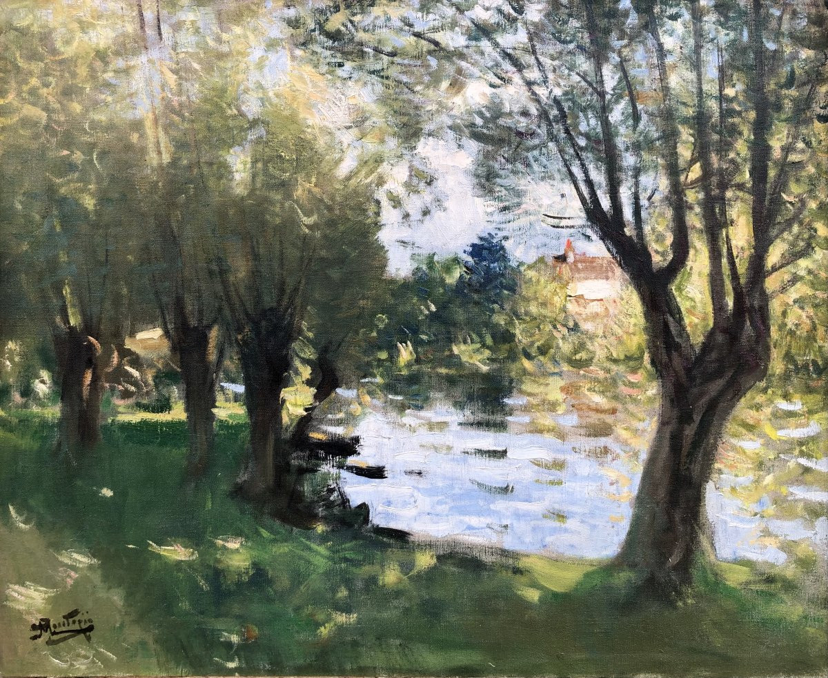  MONTEZIN La Seine à Veneux les Sablons Huile sur toile signée Certificat d'authenticité-photo-3