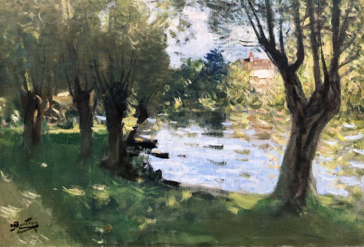  MONTEZIN La Seine à Veneux les Sablons Huile sur toile signée Certificat d'authenticité-photo-1