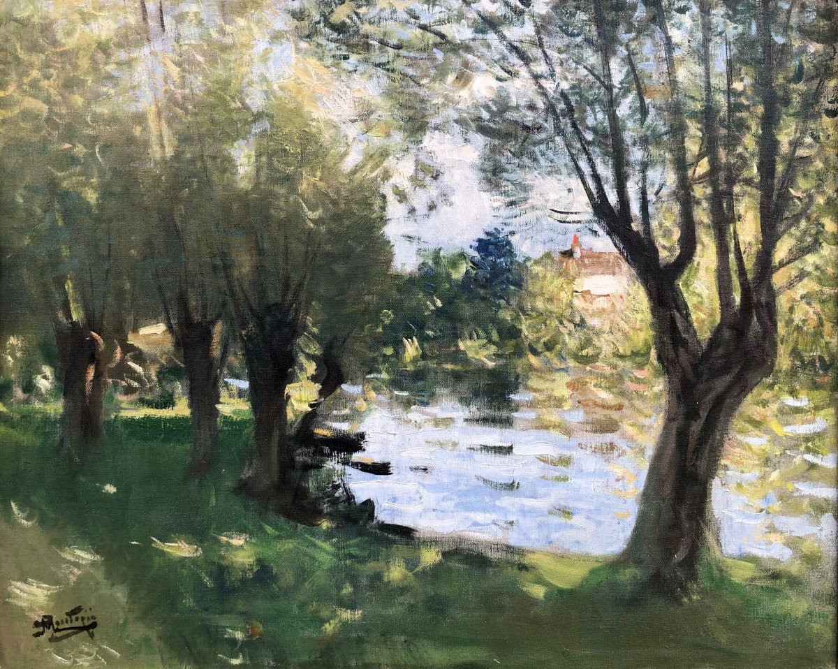  MONTEZIN La Seine à Veneux les Sablons Huile sur toile signée Certificat d'authenticité-photo-5