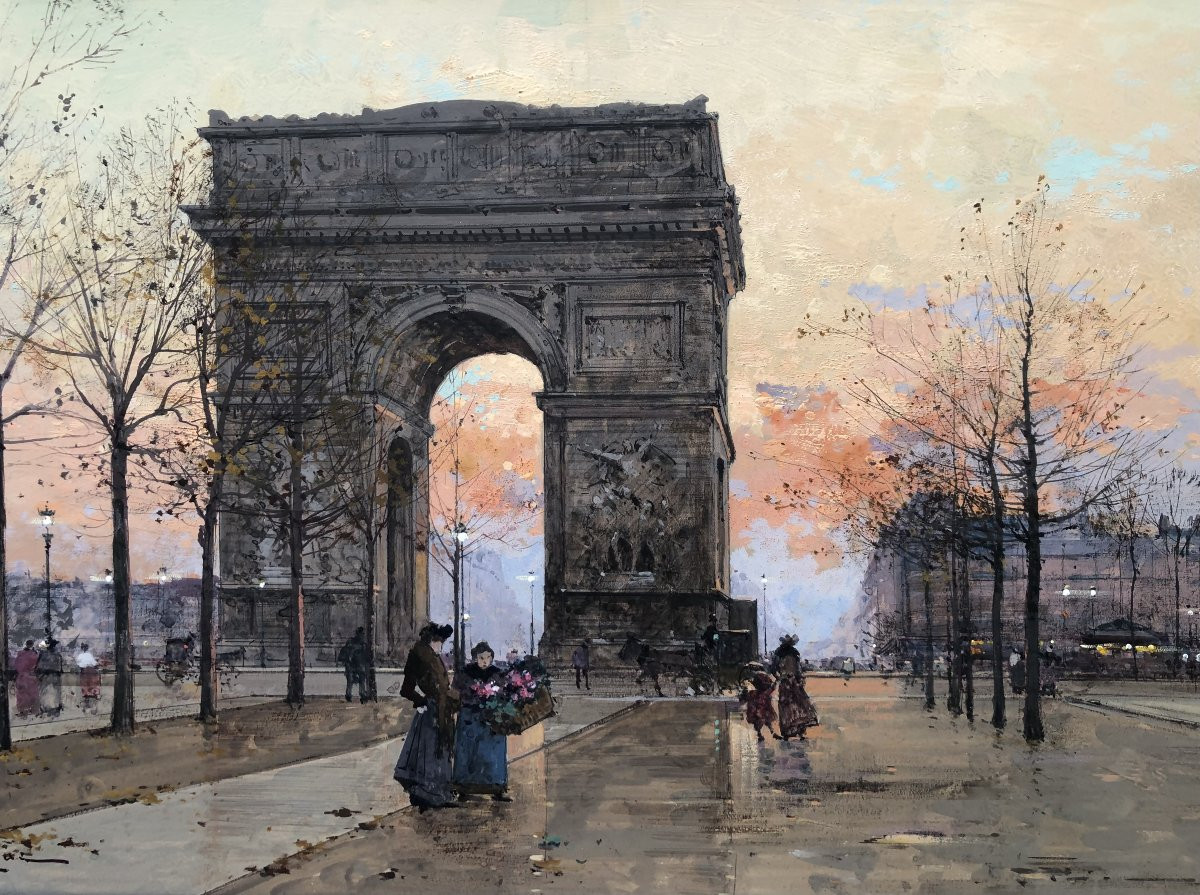 GALIEN LALOUE Peinture Française 20è Paris Place de l'Etoile animée Certificat d'authenticité-photo-4