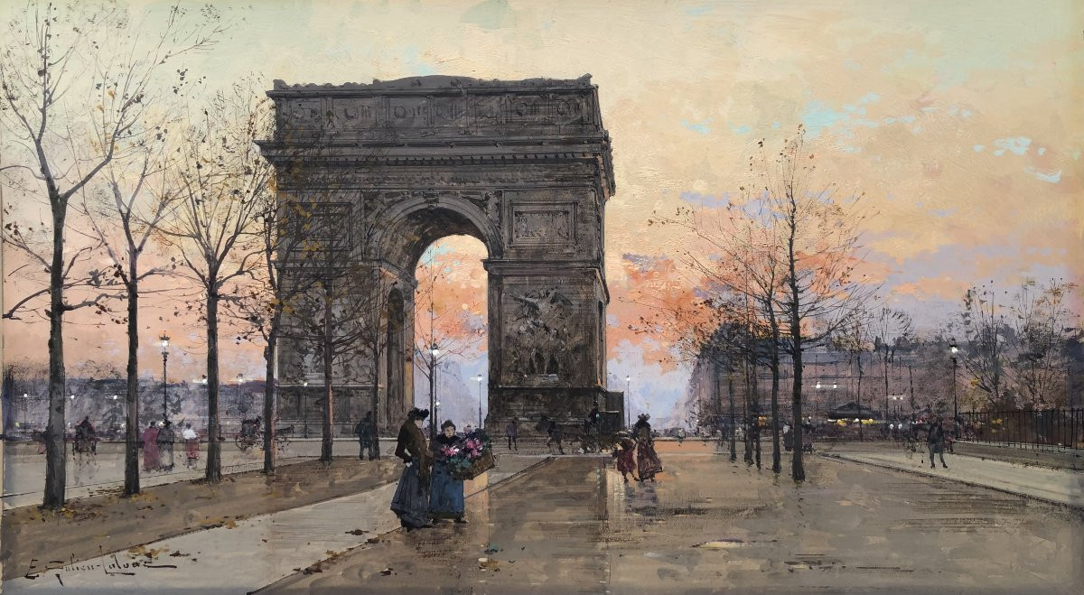 GALIEN LALOUE Peinture Française 20è Paris Place de l'Etoile animée Certificat d'authenticité-photo-1