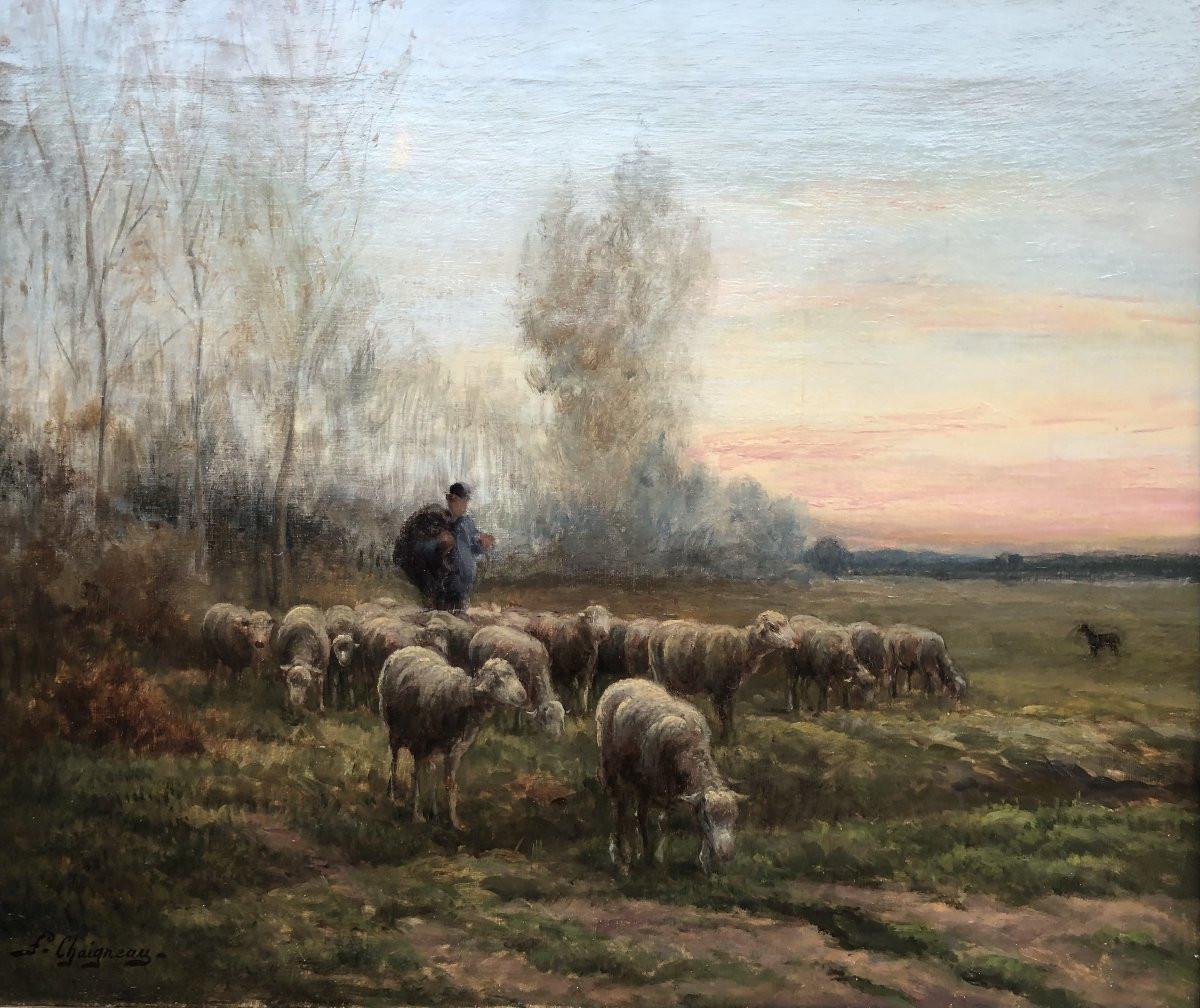 Chaigneau Jf Return Of The Shepherd And His Flock Sunset Oil On Canvas, Signed Certificate-photo-2