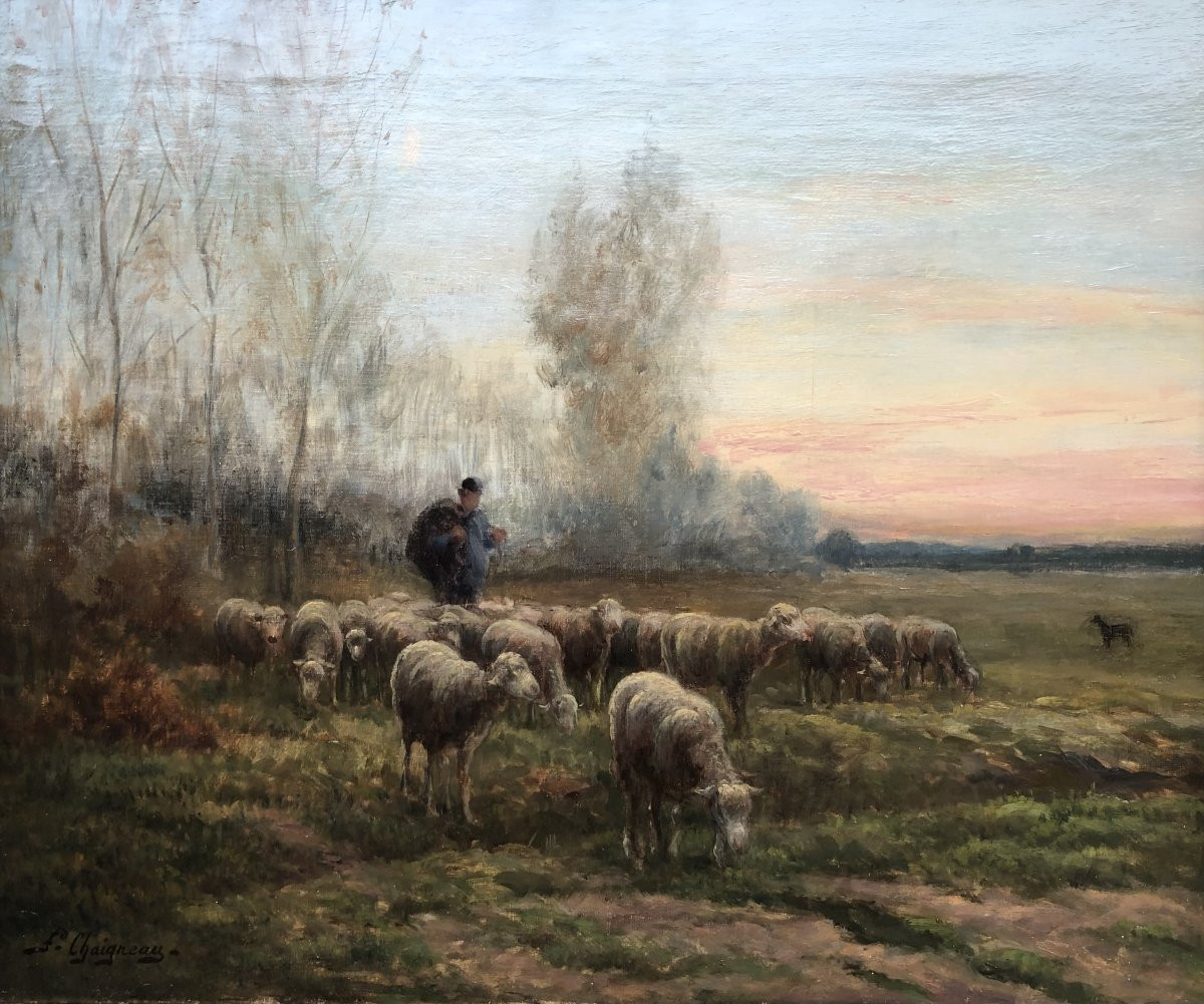 Chaigneau Jf Return Of The Shepherd And His Flock Sunset Oil On Canvas, Signed Certificate-photo-3