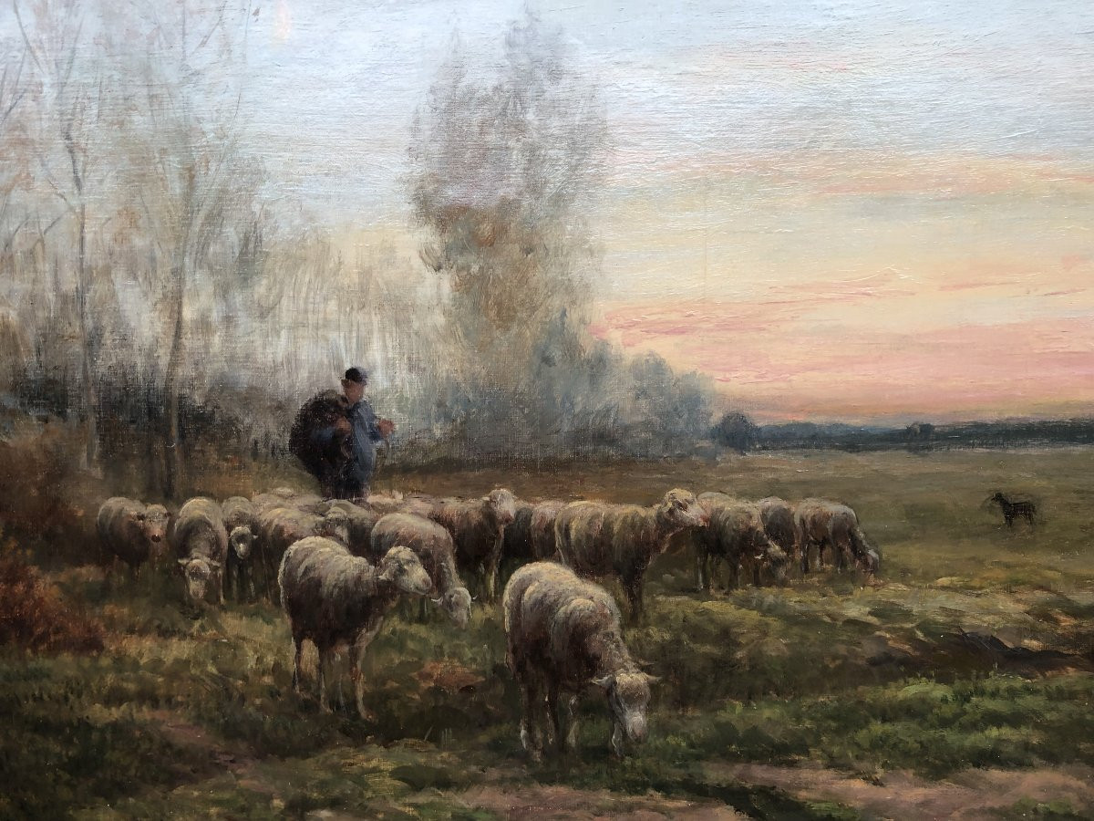 Chaigneau Jf Return Of The Shepherd And His Flock Sunset Oil On Canvas, Signed Certificate-photo-1