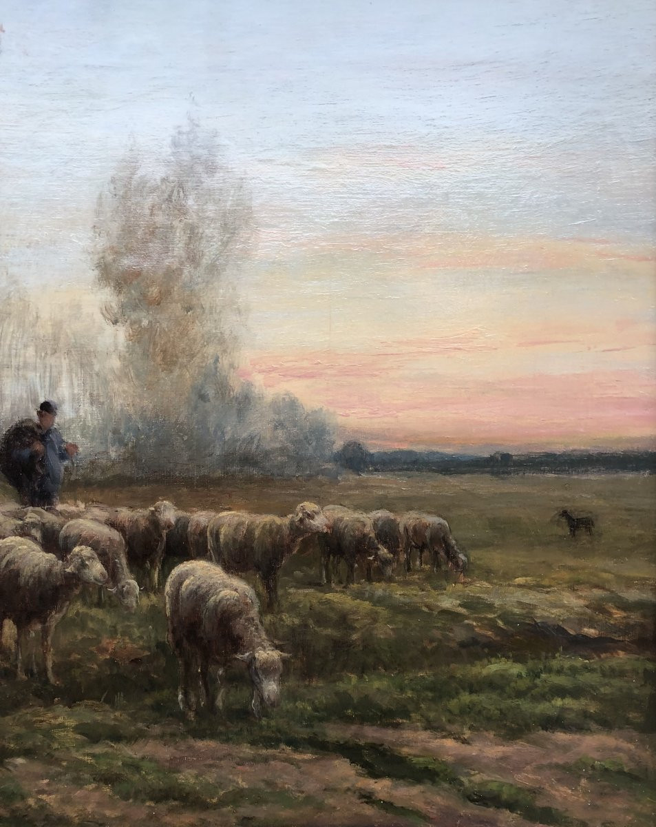 Chaigneau Jf Return Of The Shepherd And His Flock Sunset Oil On Canvas, Signed Certificate-photo-2