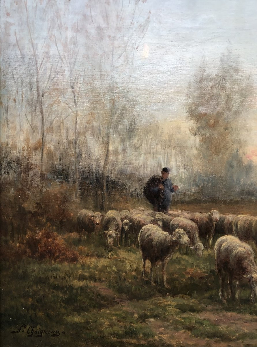 Chaigneau Jf Return Of The Shepherd And His Flock Sunset Oil On Canvas, Signed Certificate-photo-3