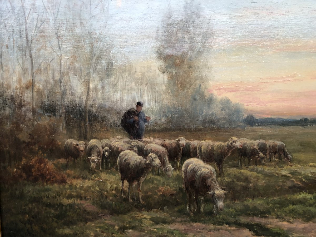 Chaigneau Jf Return Of The Shepherd And His Flock Sunset Oil On Canvas, Signed Certificate-photo-5