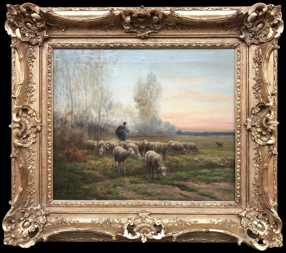 Chaigneau Jf Return Of The Shepherd And His Flock Sunset Oil On Canvas, Signed Certificate-photo-7