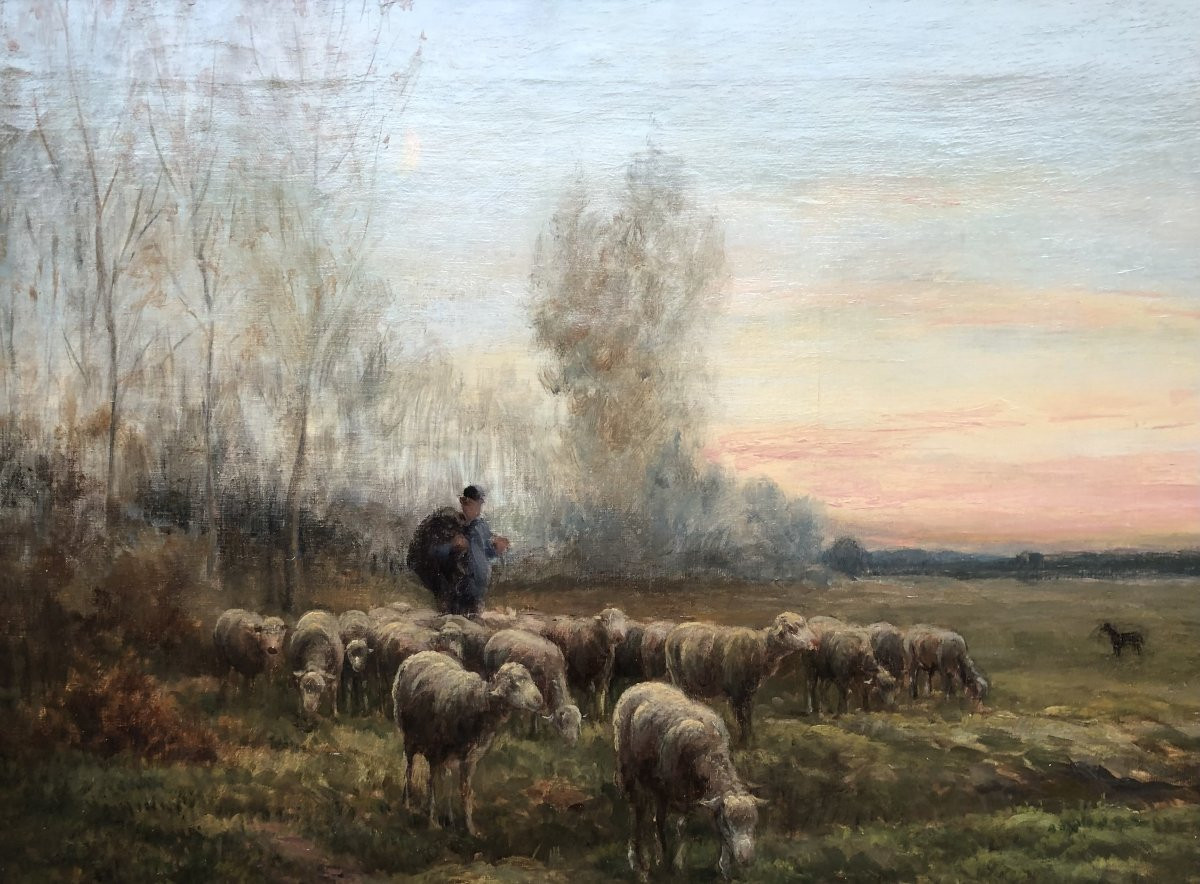 Chaigneau Jf Return Of The Shepherd And His Flock Sunset Oil On Canvas, Signed Certificate-photo-8