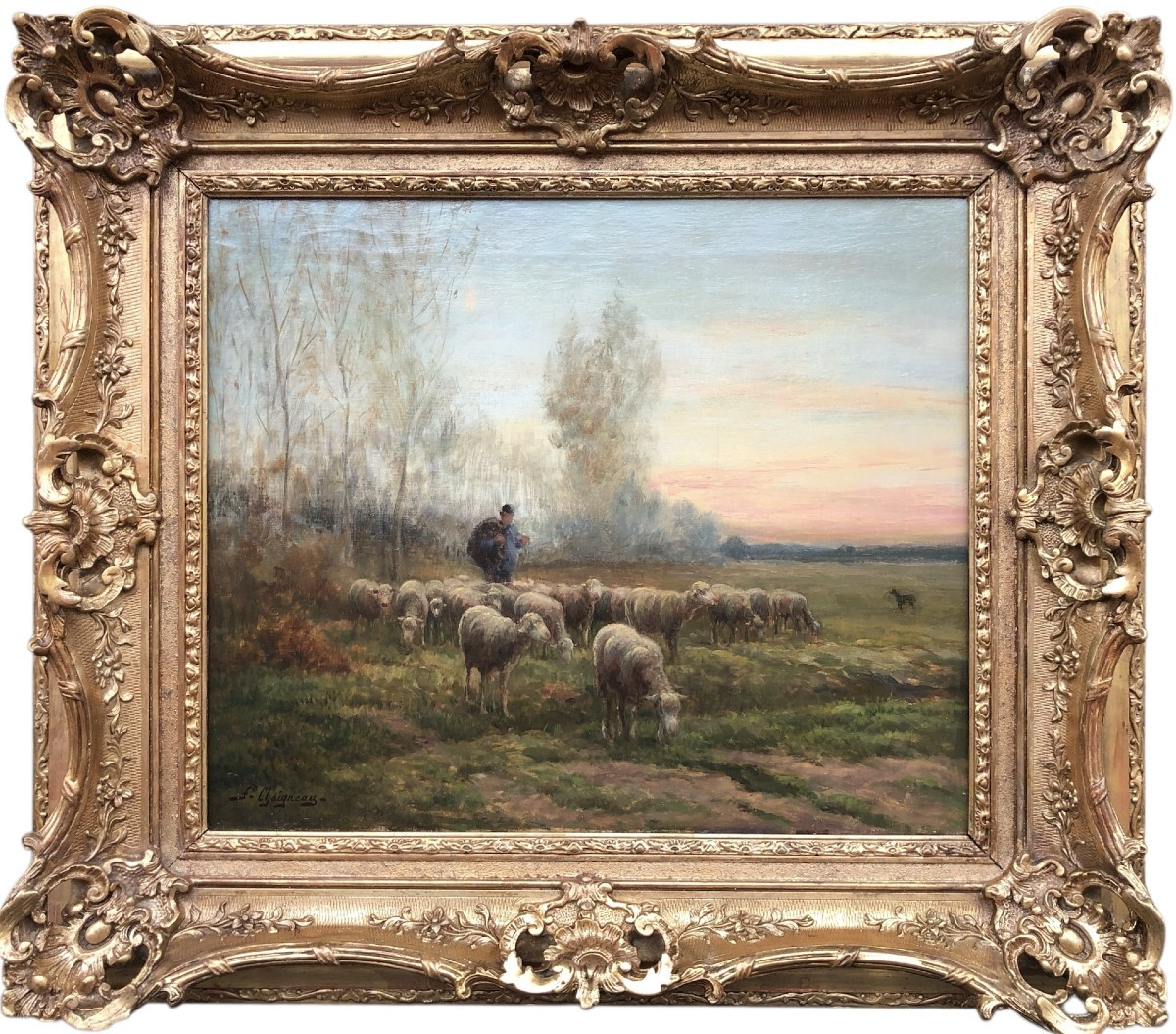 Chaigneau Jf Return Of The Shepherd And His Flock Sunset Oil On Canvas, Signed Certificate
