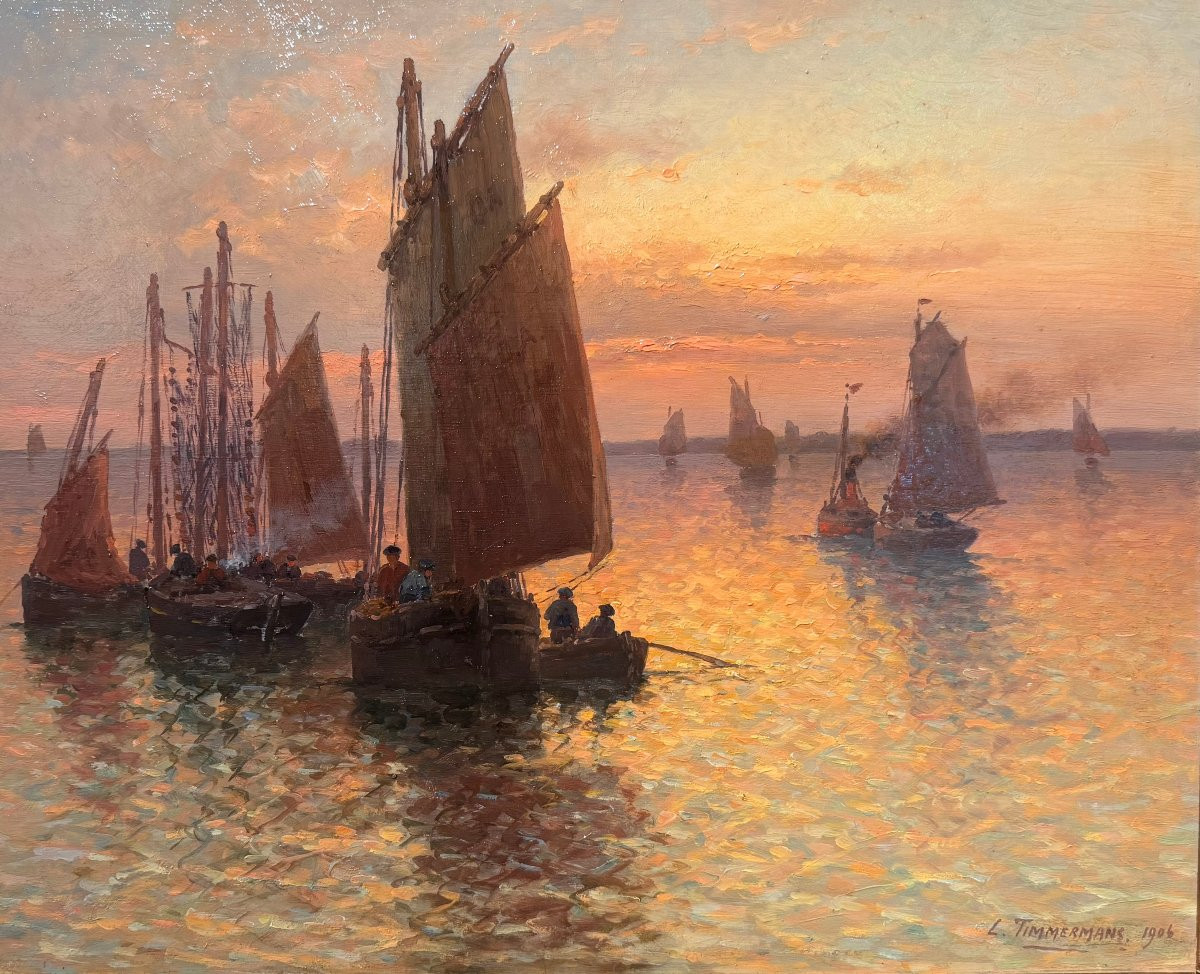 Timmermans Louis, French School, 20th Century, Marine, Return From Fishing, Oil On Panel, Signed, Dated, Certificate-photo-2