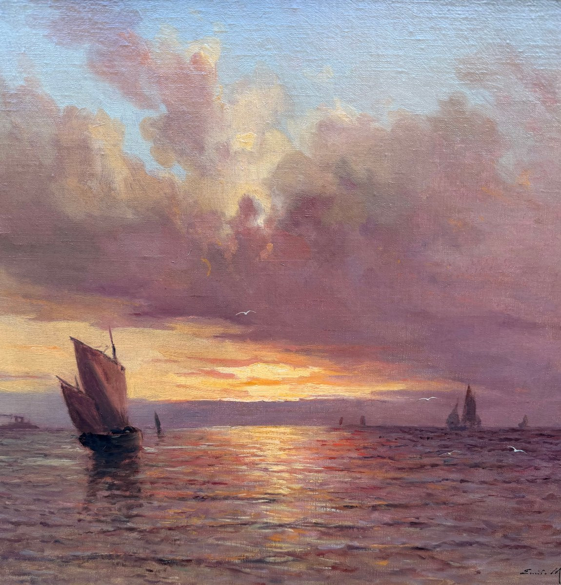 Emile Maillard, French Painting, Late 19th Century, Sunset, Oil On Canvas, Signed, Certificate -photo-7