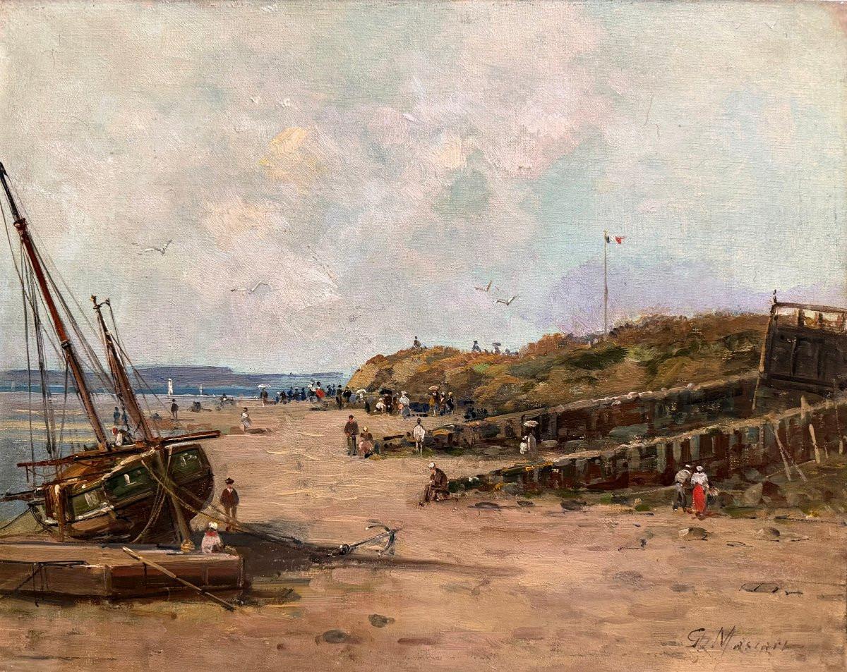 MASCART Gustave Tableau Français 19è Animation sur la plage Huile sur toile signée Certificat -photo-2