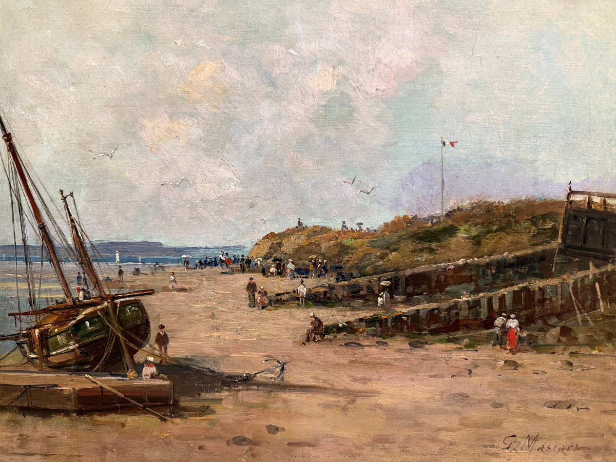 MASCART Gustave Tableau Français 19è Animation sur la plage Huile sur toile signée Certificat -photo-1