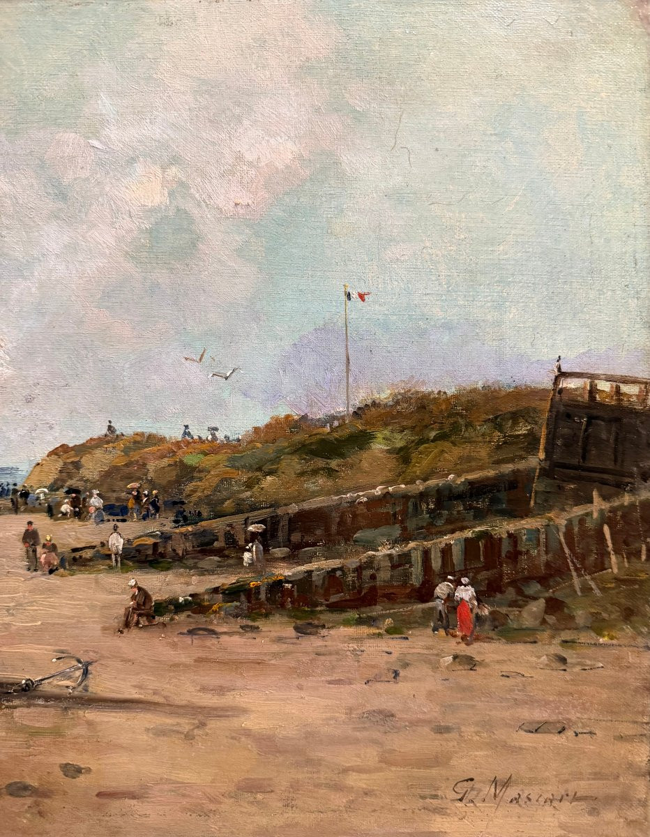 MASCART Gustave Tableau Français 19è Animation sur la plage Huile sur toile signée Certificat -photo-3