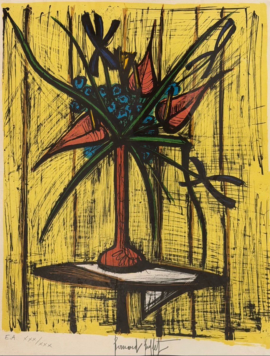 BUFFET Bernard Anthuriums et iris Lithographie en Couleurs Signée certificat d’authenticité-photo-2