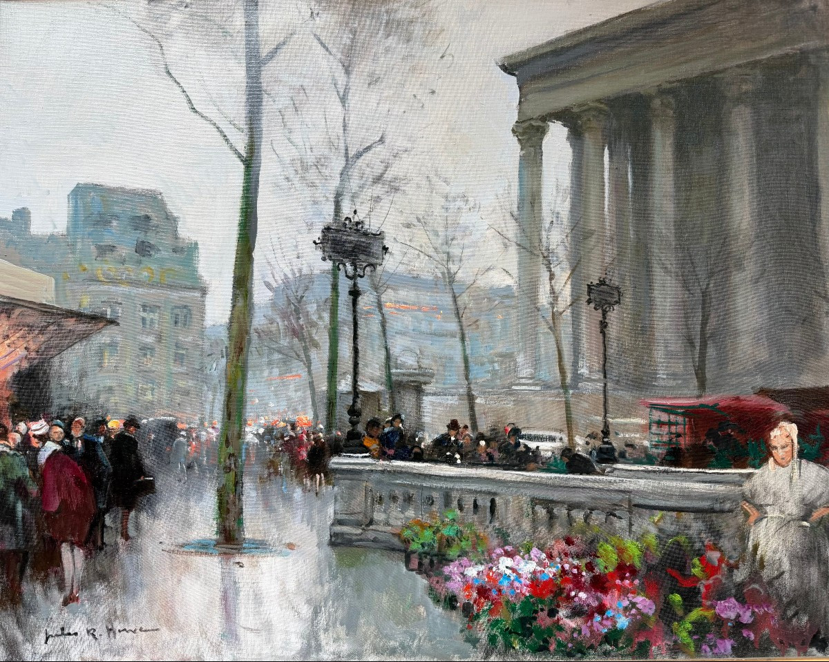 Herve Jules French Painting 20th Century Paris Animation At La Madeleine Oil On Canvas Signed Certificate-photo-2
