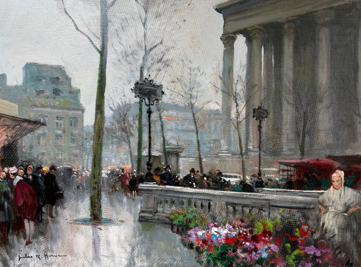 Herve Jules French Painting 20th Century Paris Animation At La Madeleine Oil On Canvas Signed Certificate-photo-3