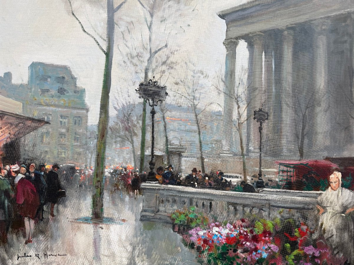 Herve Jules French Painting 20th Century Paris Animation At La Madeleine Oil On Canvas Signed Certificate-photo-4