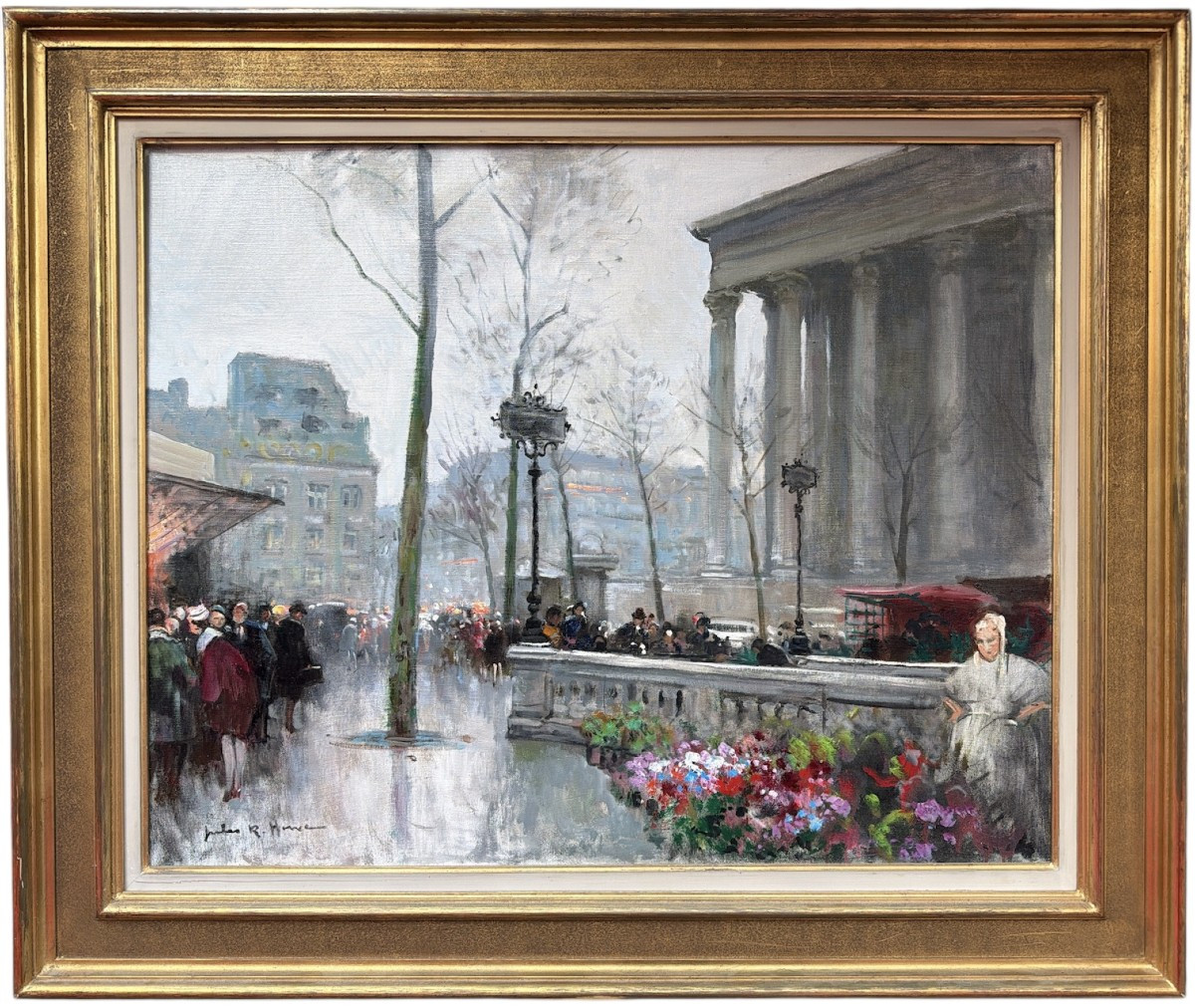 Herve Jules French Painting 20th Century Paris Animation At La Madeleine Oil On Canvas Signed Certificate