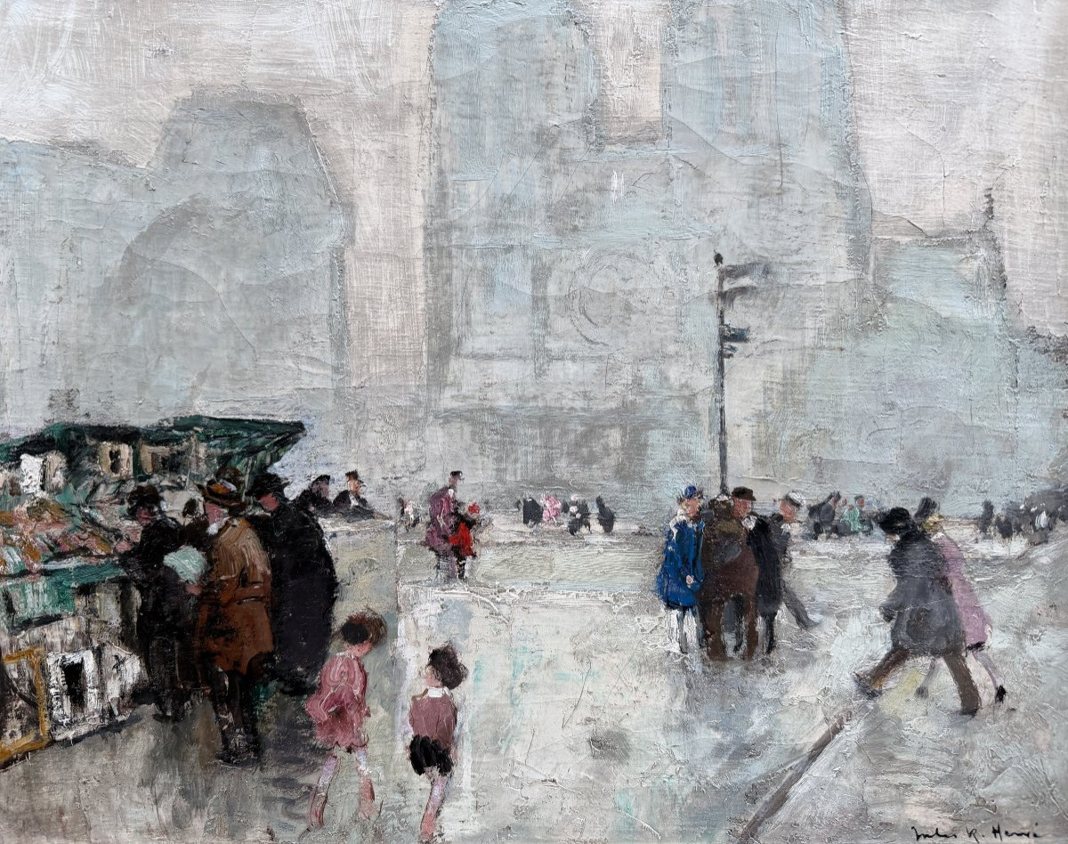 Herve Jules Impressionist Painting 20th Century Paris Booksellers In Front Of Notre Dame Oil On Canvas Signed-photo-2