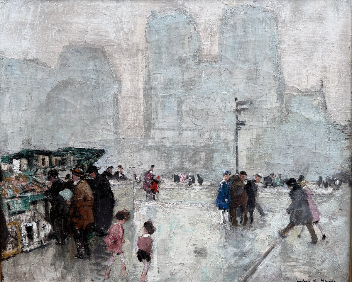 Herve Jules Impressionist Painting 20th Century Paris Booksellers In Front Of Notre Dame Oil On Canvas Signed-photo-3