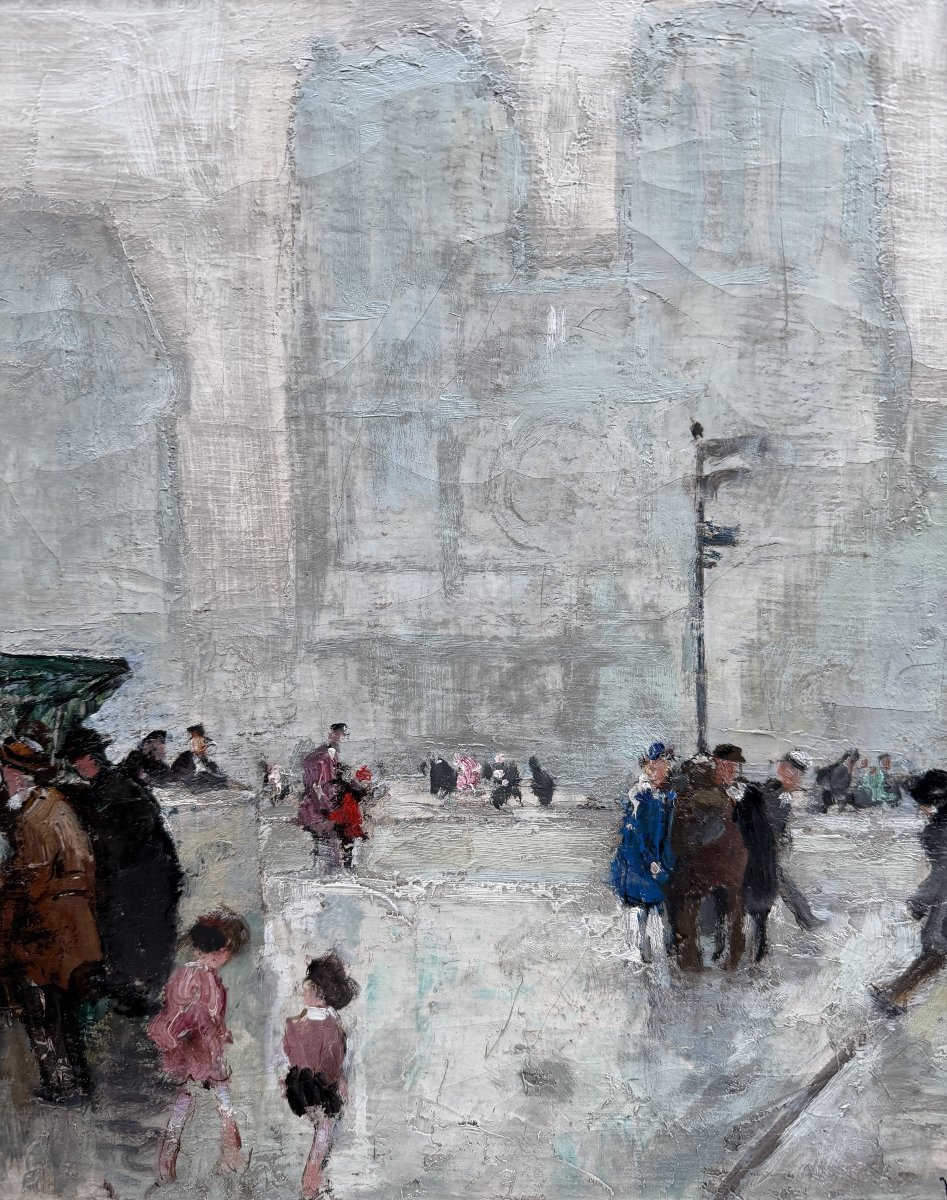 Herve Jules Impressionist Painting 20th Century Paris Booksellers In Front Of Notre Dame Oil On Canvas Signed-photo-1