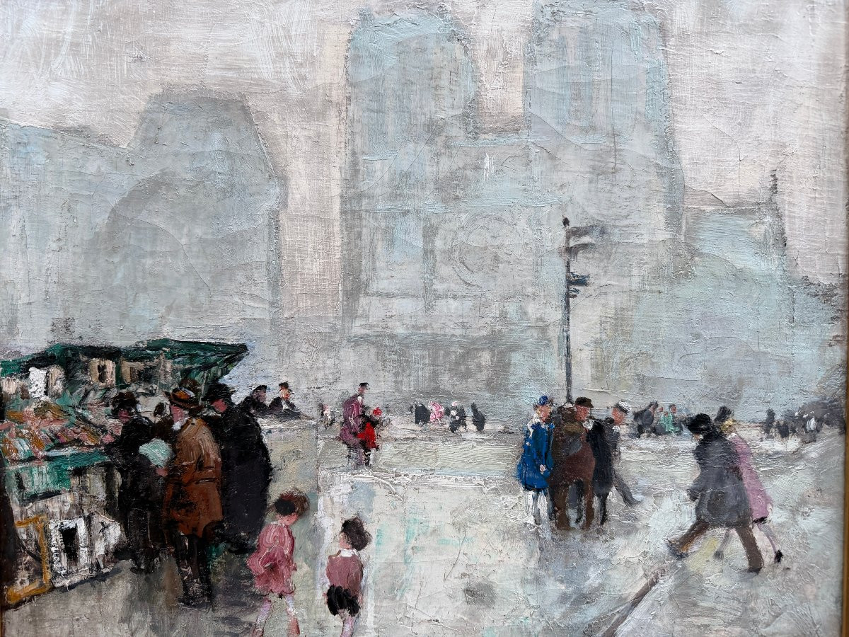 Herve Jules Impressionist Painting 20th Century Paris Booksellers In Front Of Notre Dame Oil On Canvas Signed-photo-3