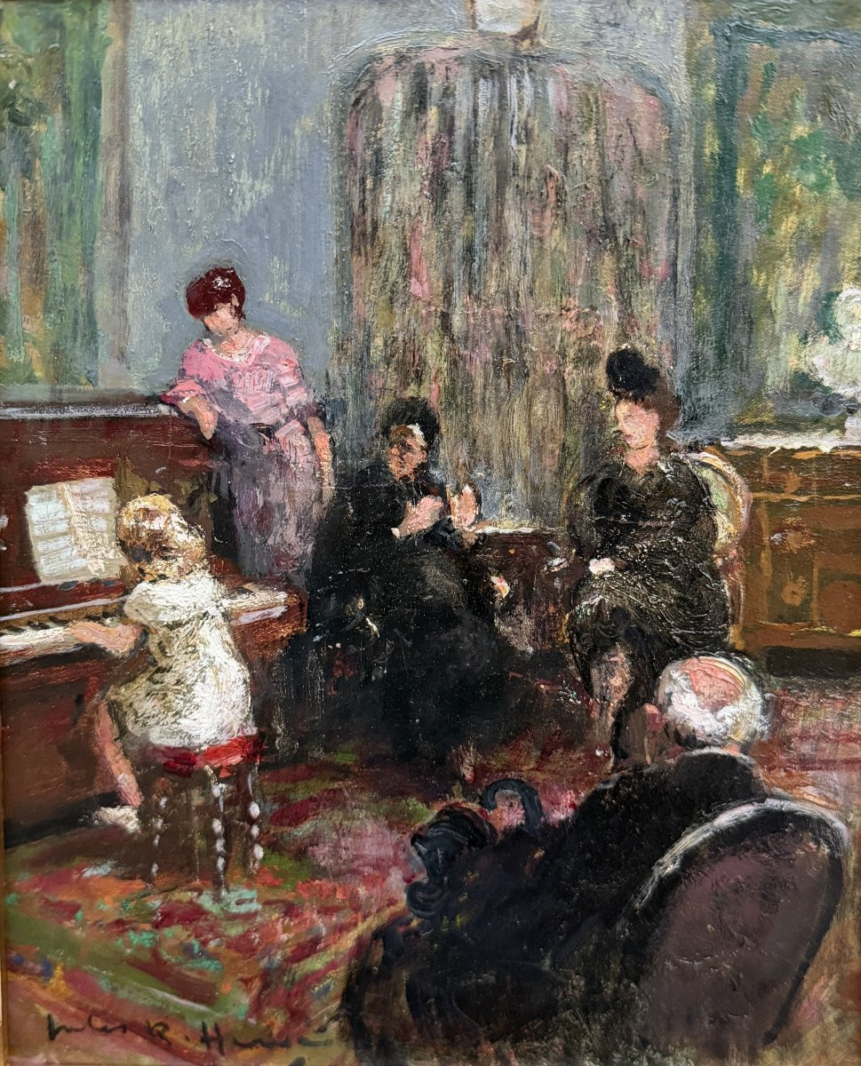 Herve Jules Impressionist Painting 20th Century The Recital Oil On Canvas Signed Certificate Of Authenticity-photo-2