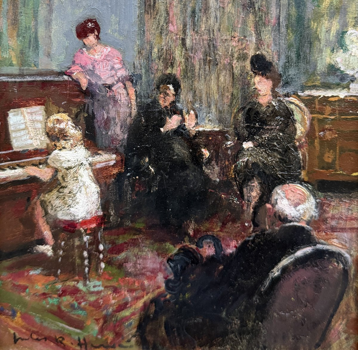 Herve Jules Impressionist Painting 20th Century The Recital Oil On Canvas Signed Certificate Of Authenticity-photo-3