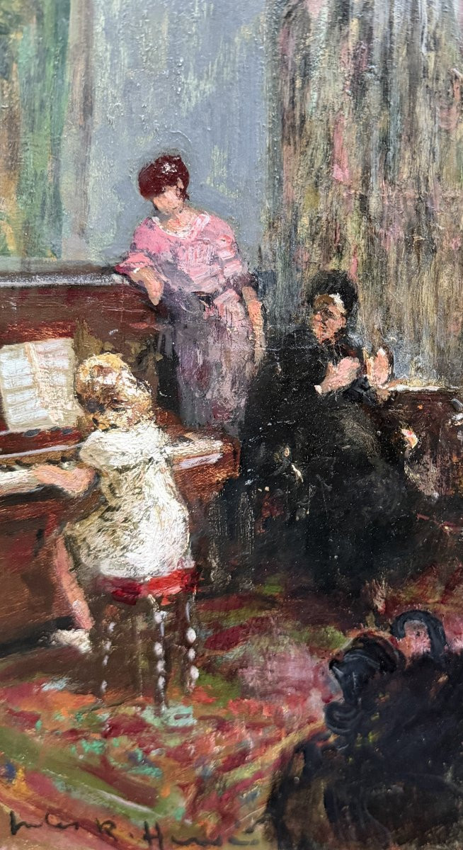 Herve Jules Impressionist Painting 20th Century The Recital Oil On Canvas Signed Certificate Of Authenticity-photo-4