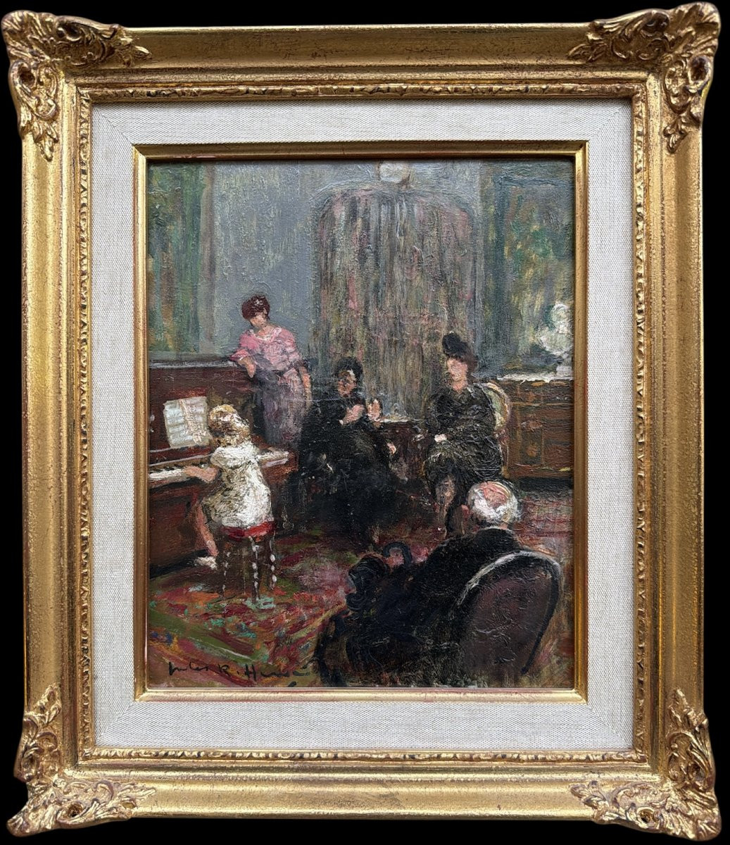 Herve Jules Impressionist Painting 20th Century The Recital Oil On Canvas Signed Certificate Of Authenticity-photo-1