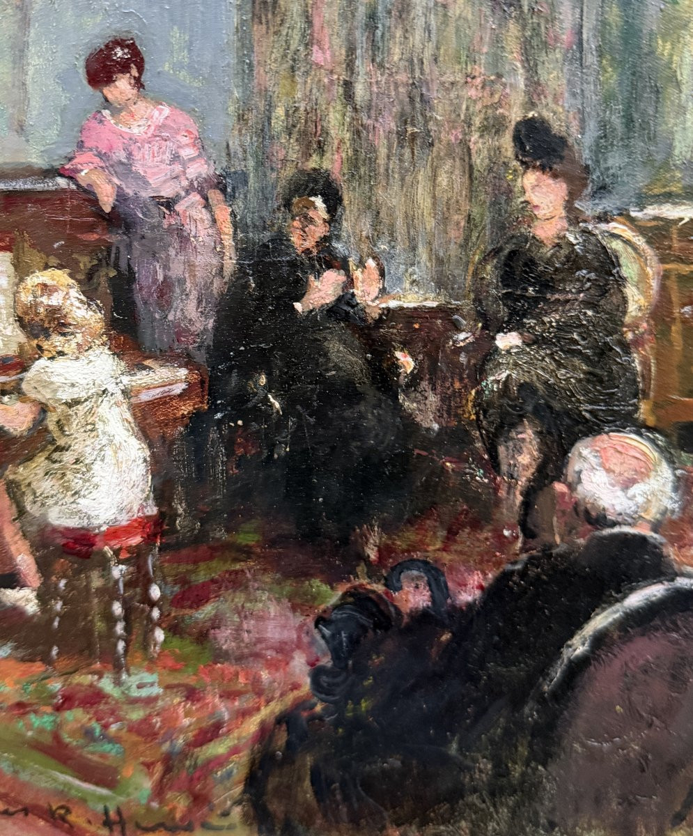 Herve Jules Impressionist Painting 20th Century The Recital Oil On Canvas Signed Certificate Of Authenticity-photo-3