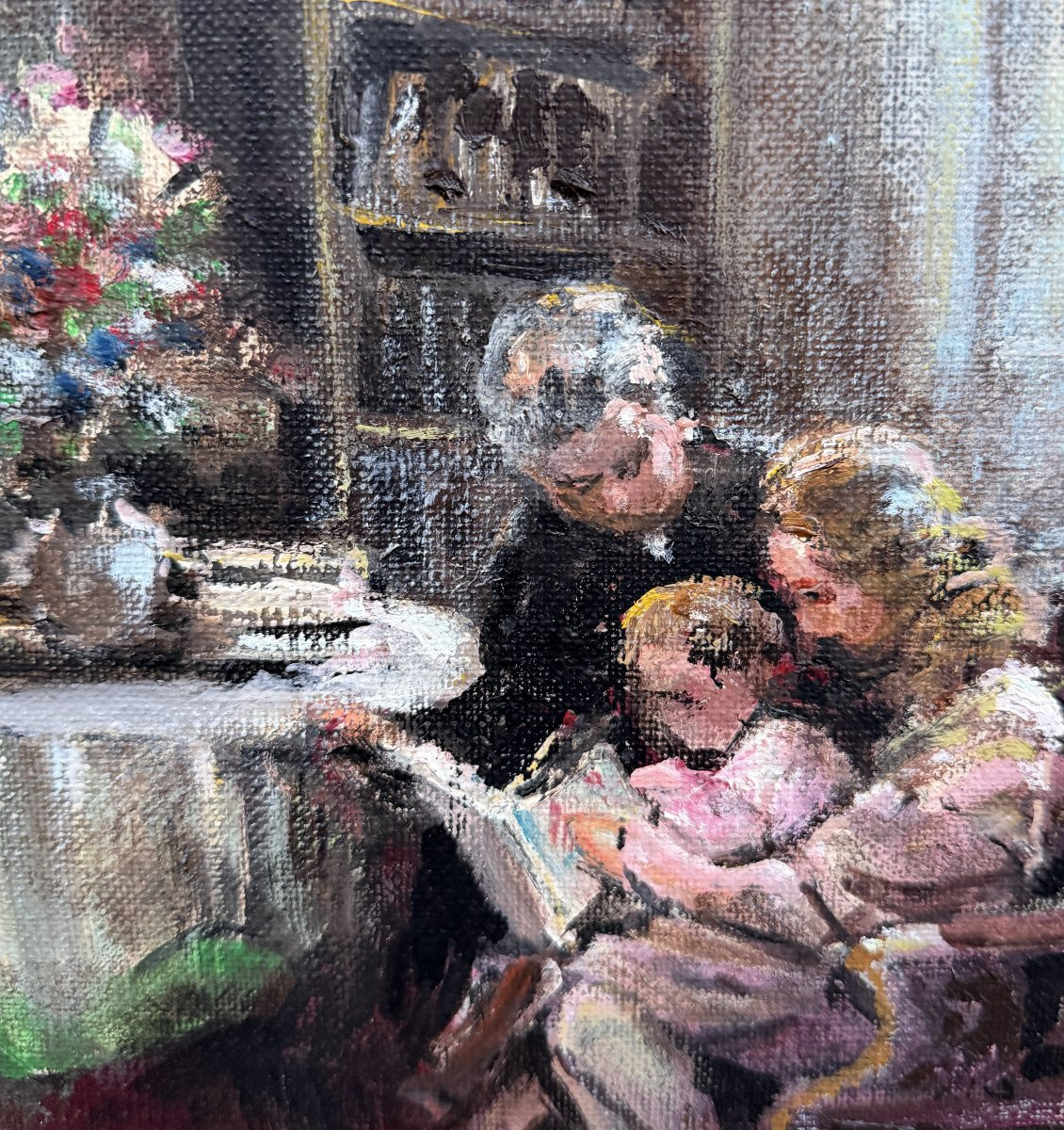 HERVE Jules Peinture impressionniste 20 Apprentissage de la lecture Huile ToileSignéeCertificat-photo-1