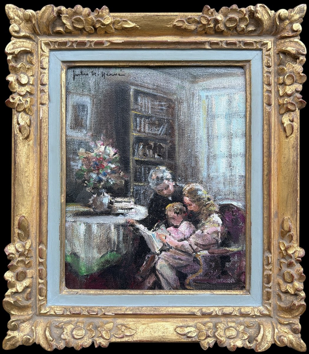 HERVE Jules Peinture impressionniste 20 Apprentissage de la lecture Huile ToileSignéeCertificat-photo-4