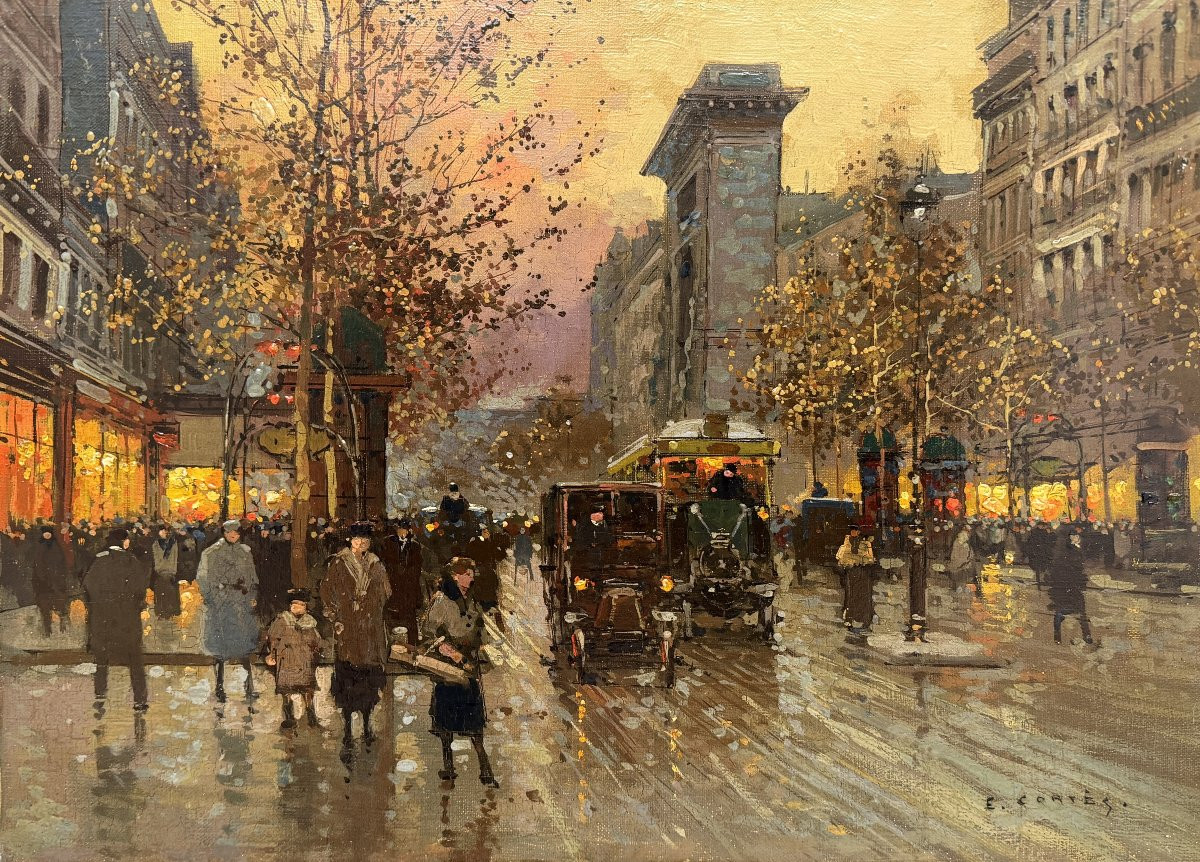 Edouard Cortés, Paris, Grands Boulevards, Porte St Denis At Dusk, Oil On Canvas, Signed, Certificate-photo-2
