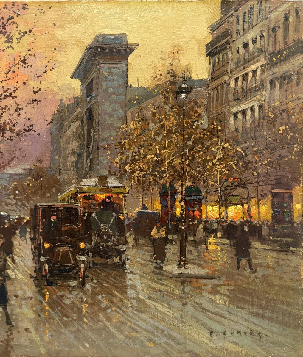 Edouard Cortés, Paris, Grands Boulevards, Porte St Denis At Dusk, Oil On Canvas, Signed, Certificate-photo-1