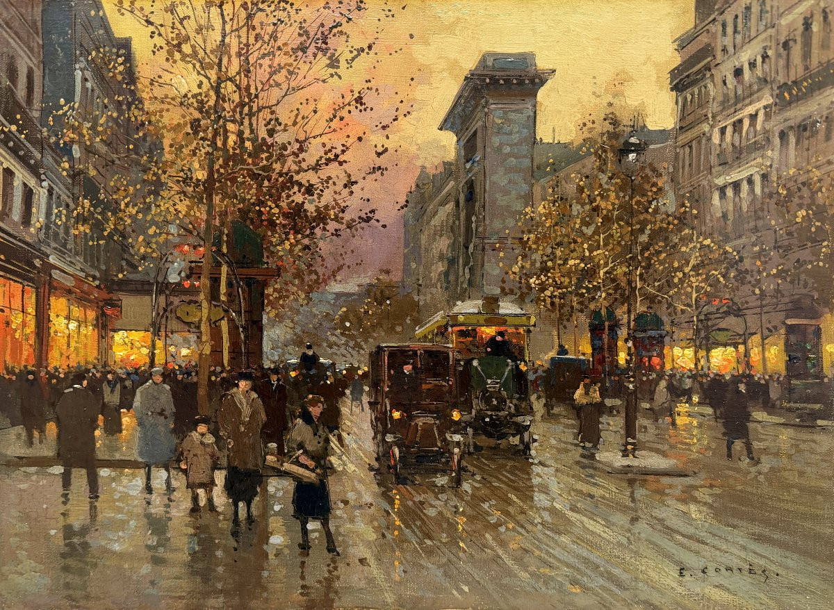 Edouard Cortés, Paris, Grands Boulevards, Porte St Denis At Dusk, Oil On Canvas, Signed, Certificate-photo-2