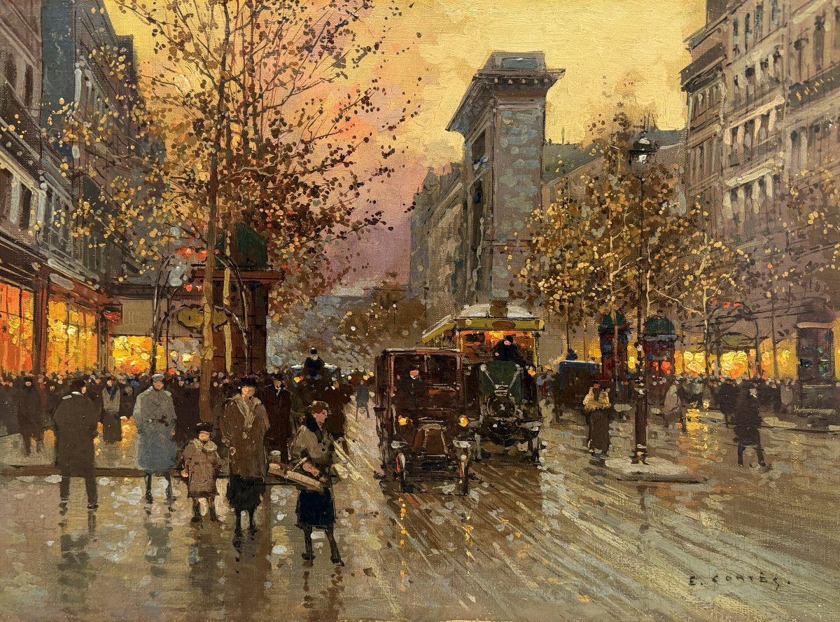 Edouard Cortés, Paris, Grands Boulevards, Porte St Denis At Dusk, Oil On Canvas, Signed, Certificate-photo-5