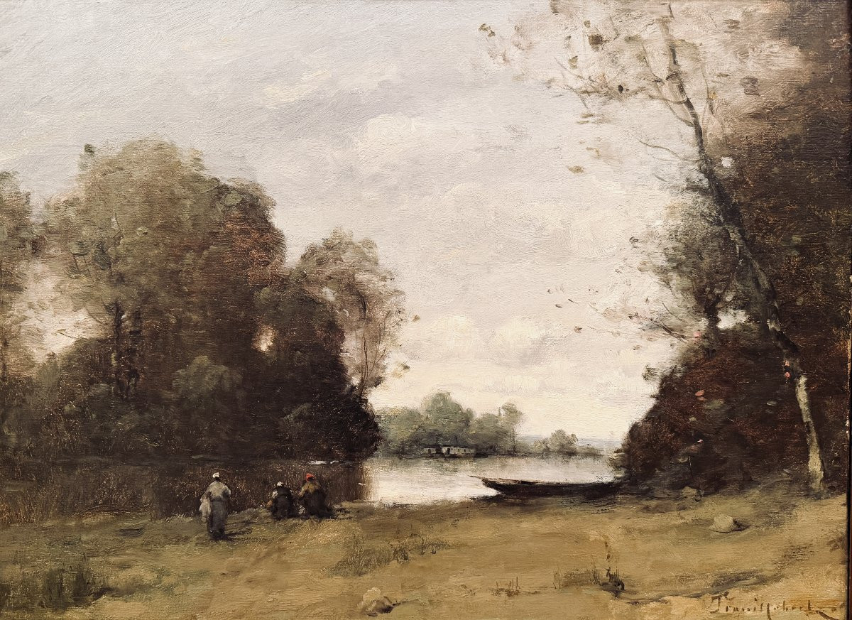 TROUILLEBERT Paul Desire Tableau 19è Ecole Barbizon Lavandières Bord Du Fleuve Huile Certificat-photo-2