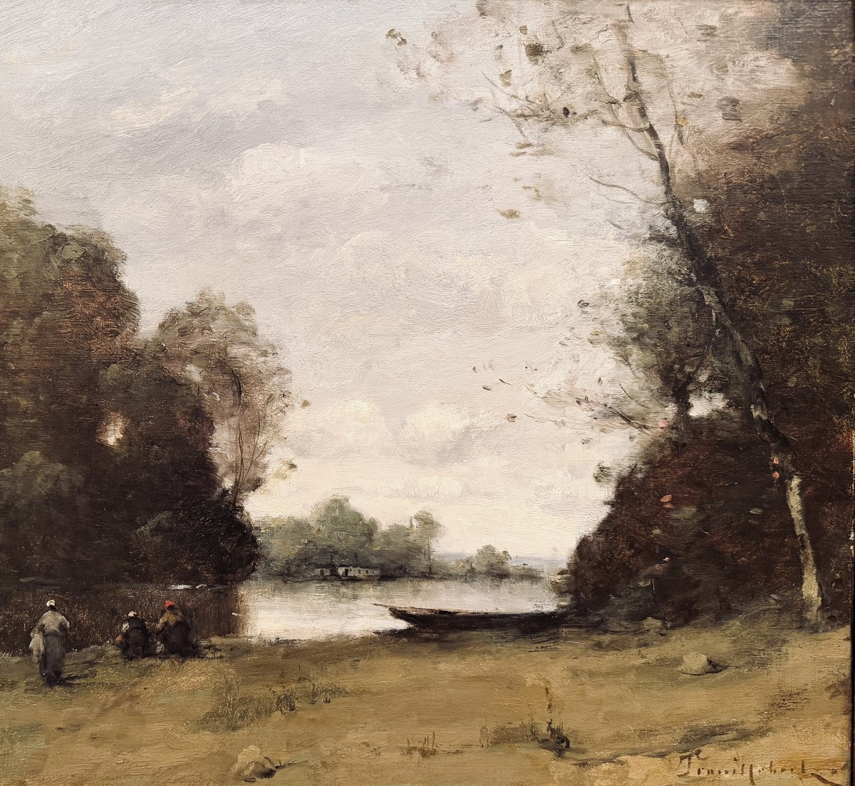 TROUILLEBERT Paul Desire Tableau 19è Ecole Barbizon Lavandières Bord Du Fleuve Huile Certificat-photo-4