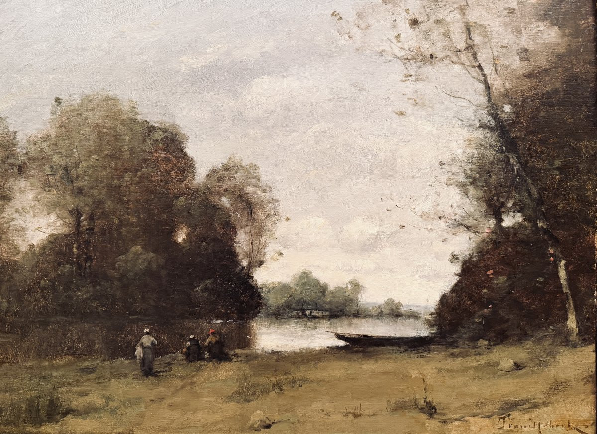 TROUILLEBERT Paul Desire Tableau 19è Ecole Barbizon Lavandières Bord Du Fleuve Huile Certificat-photo-1