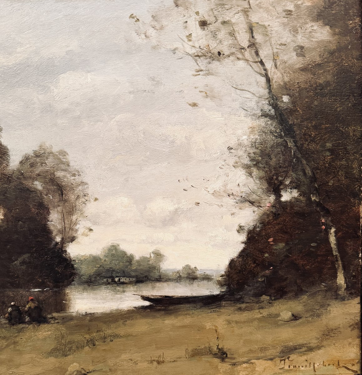 TROUILLEBERT Paul Desire Tableau 19è Ecole Barbizon Lavandières Bord Du Fleuve Huile Certificat-photo-3