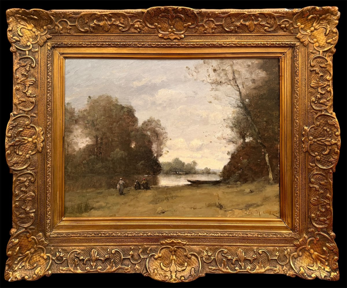 TROUILLEBERT Paul Desire Tableau 19è Ecole Barbizon Lavandières Bord Du Fleuve Huile Certificat-photo-7